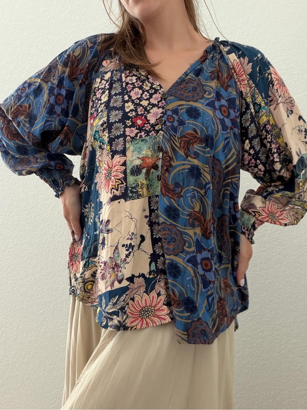 GiGio USA Boho Patchwork Floral Paisley Button Front Blouse